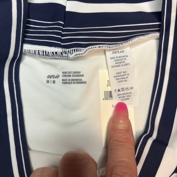 Aerie High Cut Cheeky Bikini Bottom Navy White Stripe Retro Swim Size M NWT - Picture 5 of 6